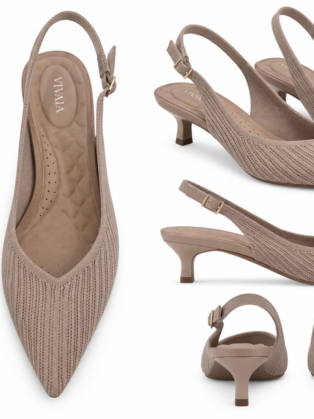 VIVAIA Taupe Pointed-Toe Slingback Kitten Heel